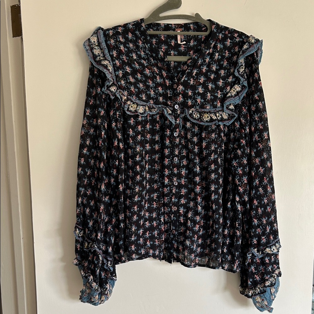 Free People Black Floral Ruffle Button-Front Blouse with Blue Trim